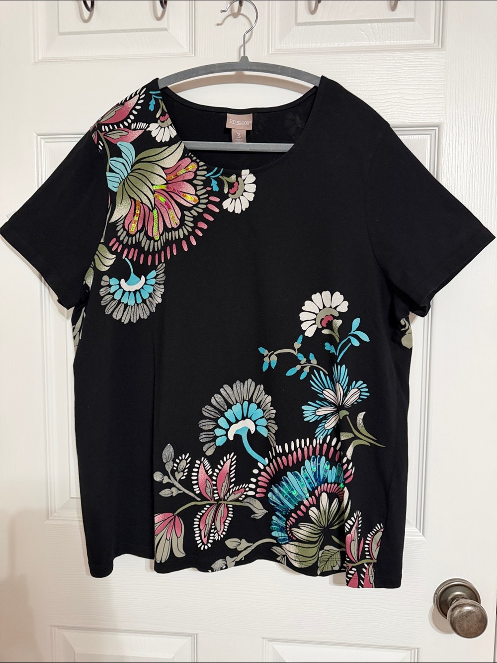 Chico's Black Short-Sleeve Tee with Multicolor Floral Print